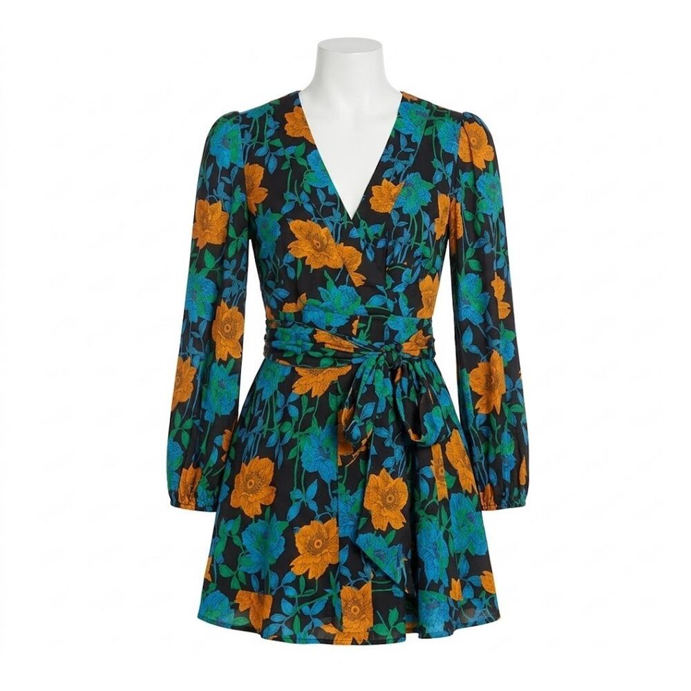 Jim Thompson Dress Floral Wrap Long Puff Sleeves